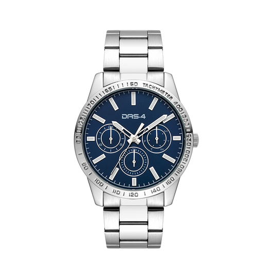 A stainless steel watch with a blue dial, silver case, and a silver strap. The watch has a analog-digital display and multiple subdials.