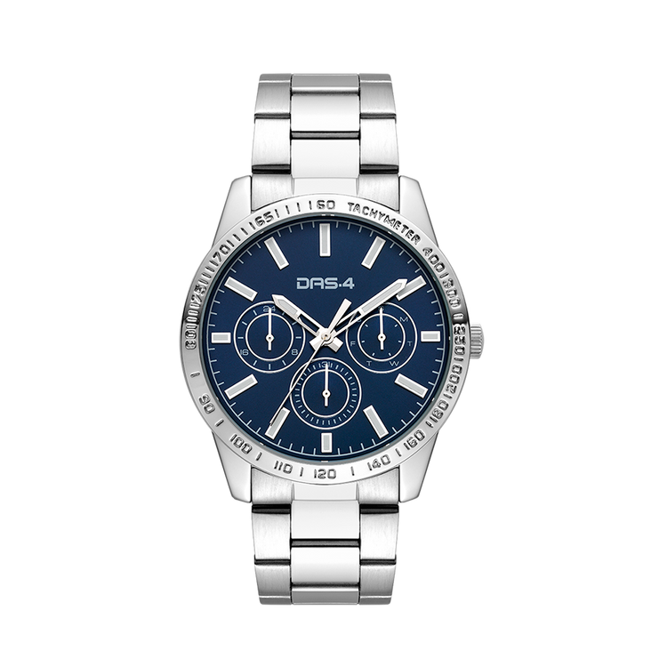 A stainless steel watch with a blue dial, silver case, and a silver strap. The watch has a analog-digital display and multiple subdials.