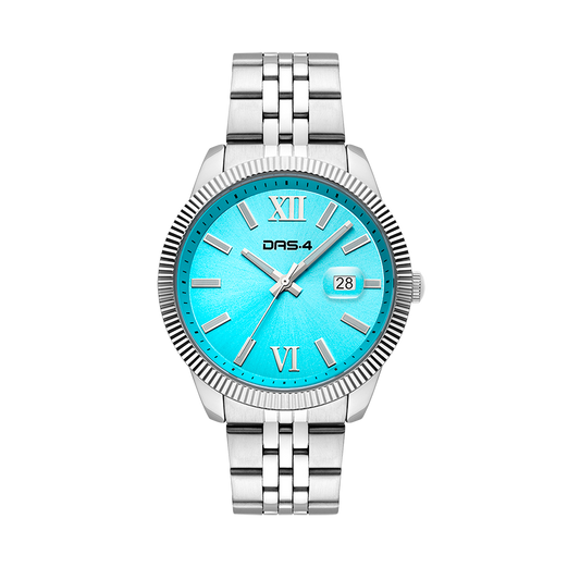 A stainless steel watch with a turquoise dial, featuring a silver strap and case.