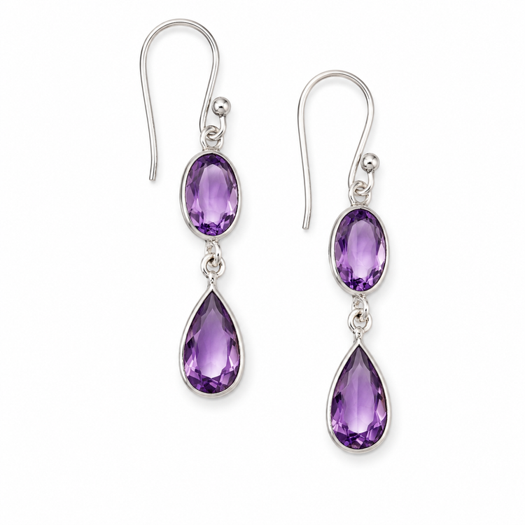 DOUBLE AMETHYST — ΚΡΕΜΑΣΤΑ ΣΚΟΥΛΑΡΙΚΙΑ ΑΣΗΜΙ 925 ΔΙΠΛΟΣ ΦΥΣΙΚΟΣ ΑΜΕΘΥΣΤΟΣ