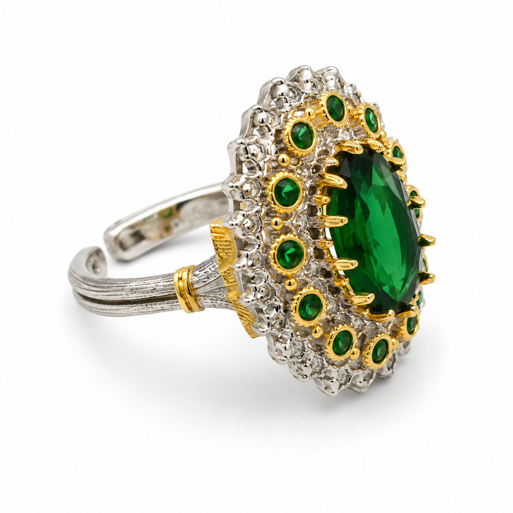 EMERALD QUEEN — ΔΑΧΤΥΛΙΔΙ ΑΣΗΜΙ 925 ΔΙΧΡΩΜΟ ΠΡΑΣΙΝΟ ΚΡΥΣΤΑΛΛΟ ΔΙΠΛΟ HALO