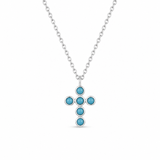 TURQUOISE CROSS — ΚΟΛΙΕ ΣΤΑΥΡΟΣ ΑΣΗΜΙ 925 ΦΥΣΙΚΟ ΤΥΡΚΟΥΑΖ