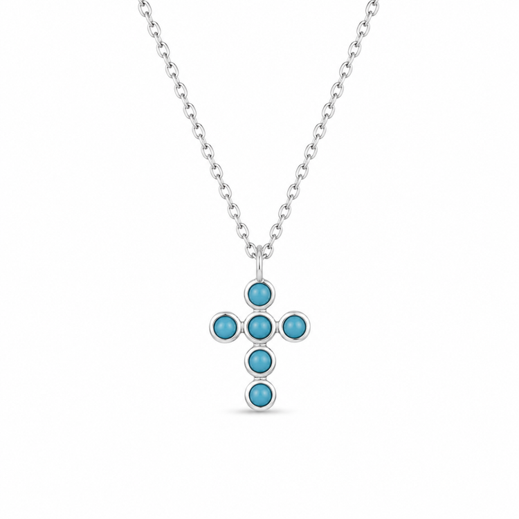 TURQUOISE CROSS — ΚΟΛΙΕ ΣΤΑΥΡΟΣ ΑΣΗΜΙ 925 ΦΥΣΙΚΟ ΤΥΡΚΟΥΑΖ