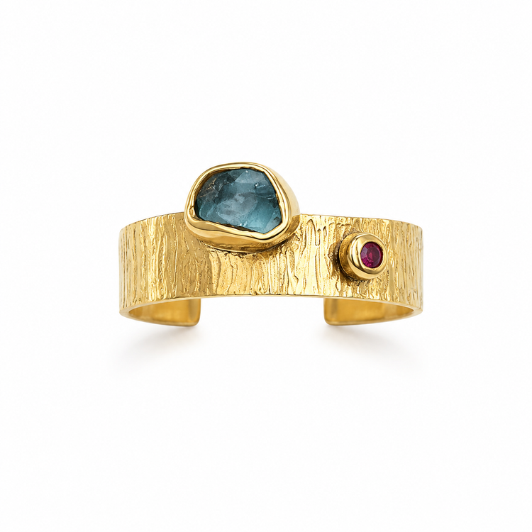 DUALITY — ΔΑΧΤΥΛΙΔΙ ΑΣΗΜΙ 925 ΕΠΙΧΡΥΣΟ AQUAMARINE RED GARNET BAND