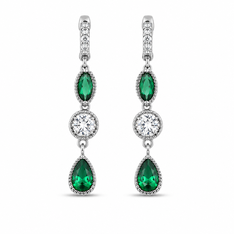 EMERALD CASCADE — ΣΚΟΥΛΑΡΙΚΙΑ ΑΣΗΜΙ 925 ΜΑΚΡΙΑ ΚΡΕΜΑΣΤΑ ΠΡΑΣΙΝΟ ΖΙΡΓΚΟΝ ΛΕΥΚΟ ΤΡΙΠΛΟ