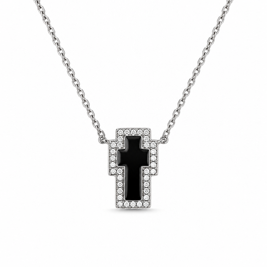 NOIR CROSS — ΚΟΛΙΕ ΑΣΗΜΙ 925 PENDANT ΣΤΑΥΡΟΣ ΜΑΥΡΟ ΣΜΑΛΤΟ ΖΙΡΓΚΟΝ HALO