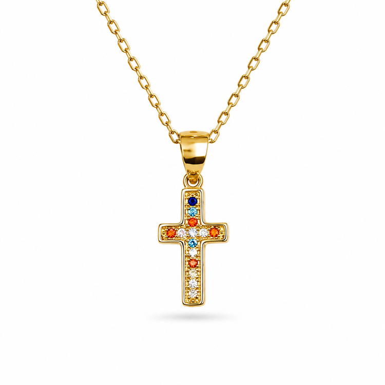 RAINBOW CROSS — ΚΟΛΙΕ ΣΤΑΥΡΟΣ ΕΠΙΧΡΥΣΟ ΠΟΛΥΧΡΩΜΑ ΖΙΡΓΚΟΝ
