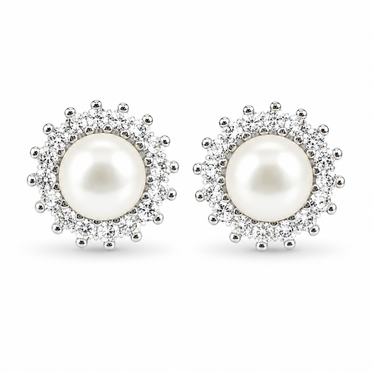 PEARL HALO STUD — ΚΑΡΦΩΤΑ ΑΣΗΜΙ 925 ΕΠΙΧΡΥΣΟ ΜΑΡΓΑΡΙΤΑΡΙ ΖΙΡΓΚΟΝ