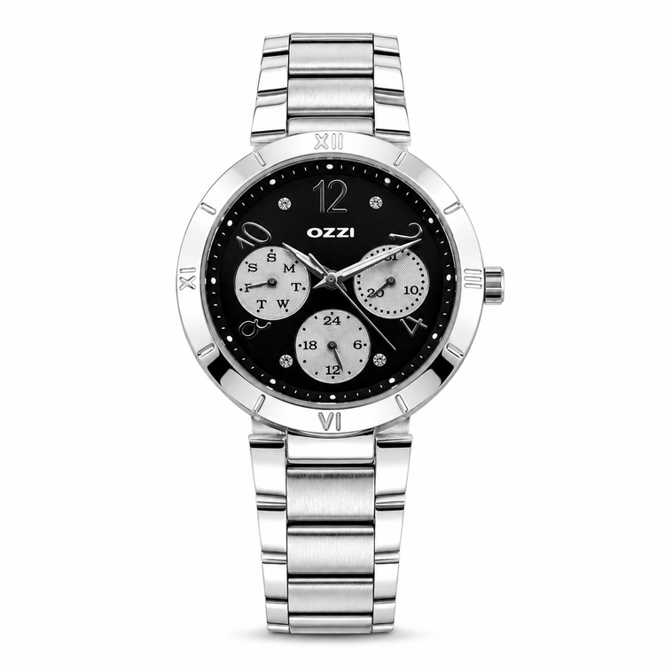 OZZI WATCH SILVER — ΓΥΝΑΙΚΕΙΟ ΡΟΛΟΙ ΑΤΣΑΛΙ ΑΣΗΜΙ ΜΑΥΡΟ