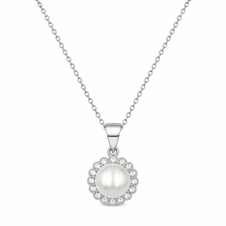 HALO PEARL — ΚΟΛΙΕ ΑΣΗΜΙ 925 ΦΥΣΙΚΟ ΜΑΡΓΑΡΙΤΑΡΙ HALO ΖΙΡΓΚΟΝ