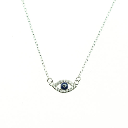 A silver 925 eye pendant with a cubic zirconia centerpiece, platinum plated and designed with a chain-style necklace.