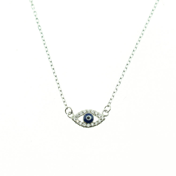 A silver 925 eye pendant with a cubic zirconia centerpiece, platinum plated and designed with a chain-style necklace.