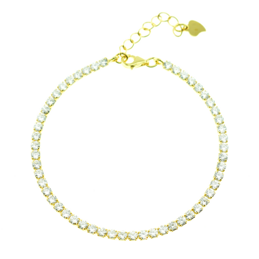 A silver bracelet with gold plating and small clear stones set in a chain pattern.