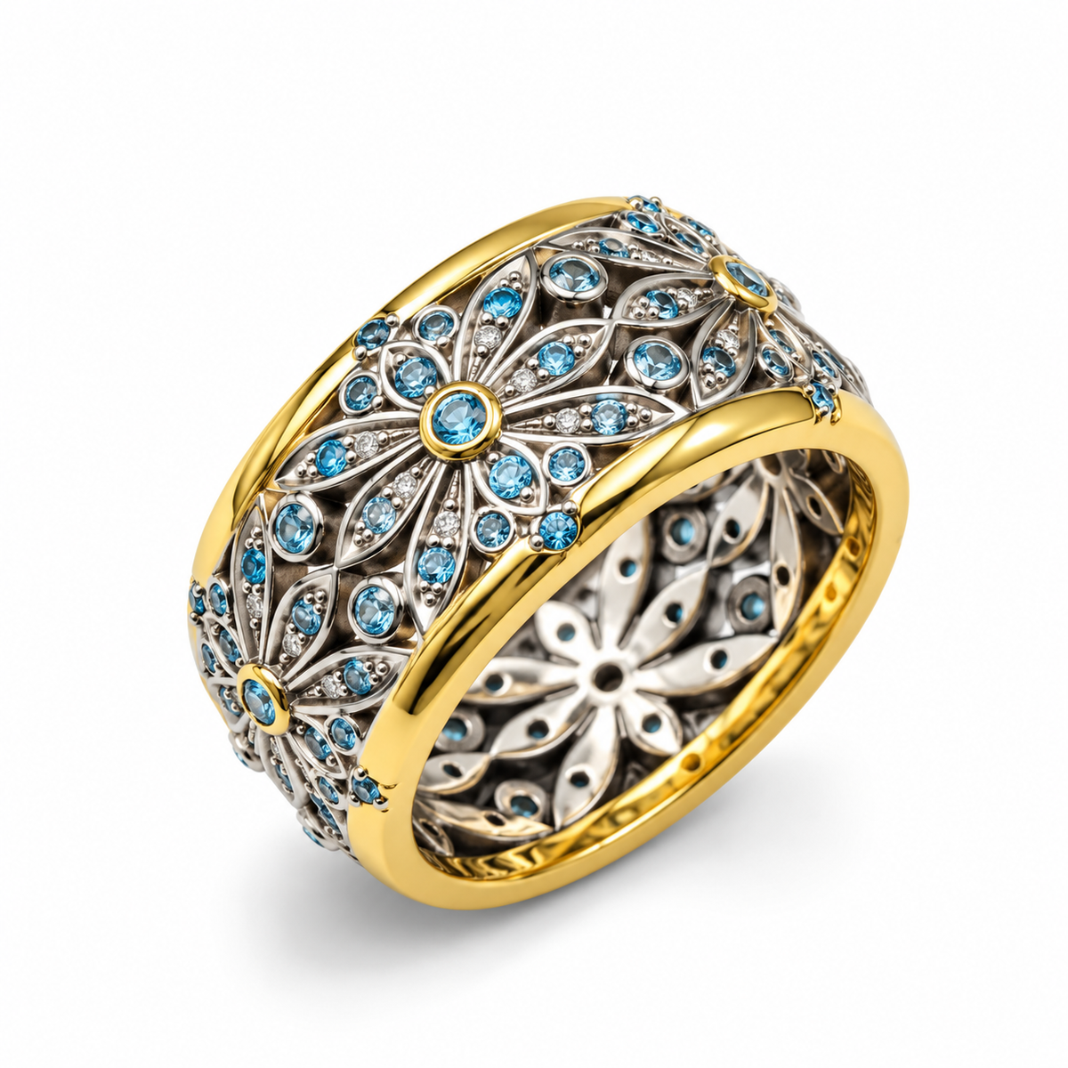 SAPPHIRE FLORAL ETERNITY — ΔΑΧΤΥΛΙΔΙ ΑΣΗΜΙ 925 ΔΙΧΡΩΜΟ ΑΝΘΟΣΧΗΜΟ ΜΕ ΜΠΛΕ ΚΑΙ ΛΕΥΚΑ ΖΙΡΚΟΝΙΑ