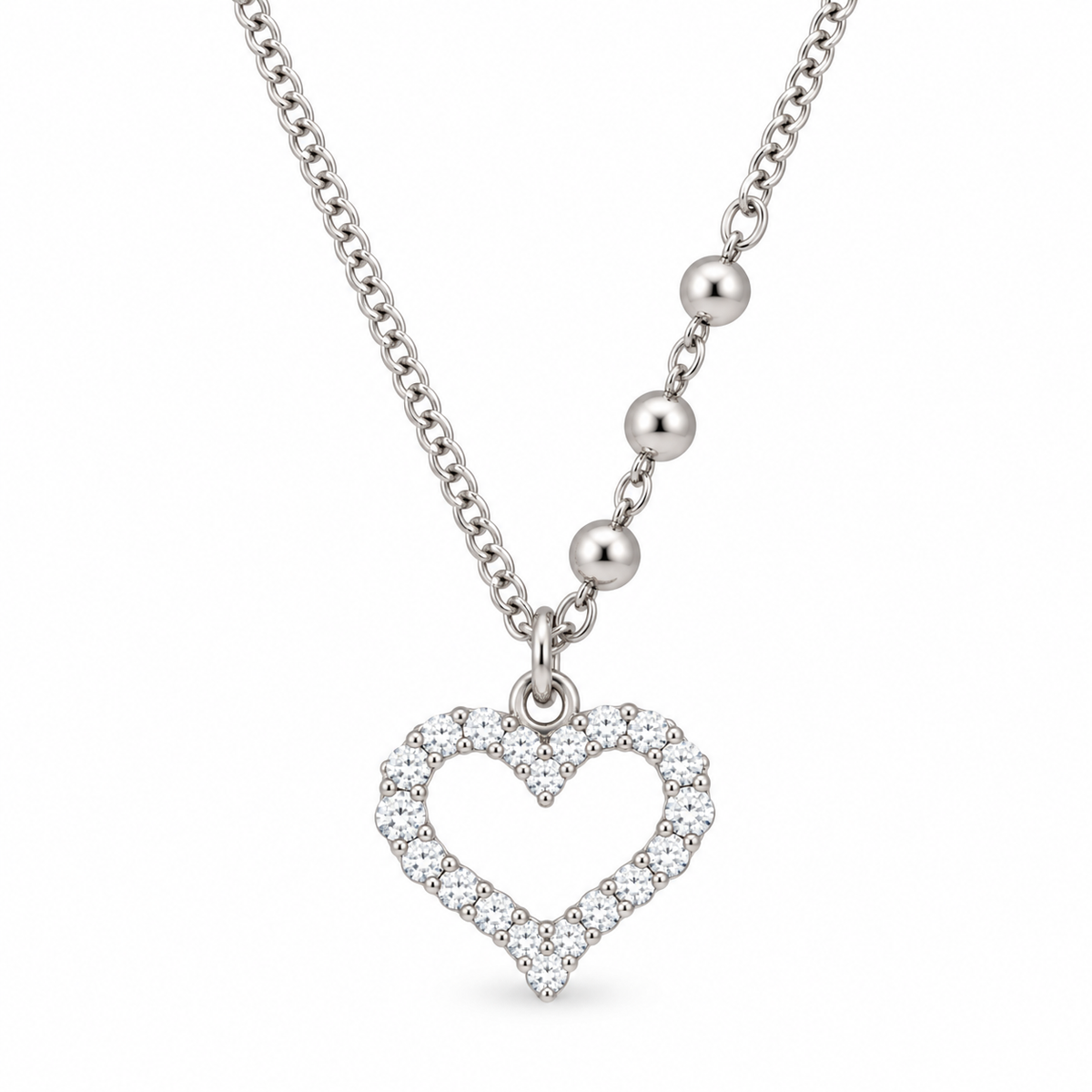 OPEN HEART BEADS — ΚΟΛΙΕ ΑΣΗΜΙ 925 ΑΝΟΙΧΤΗ ΚΑΡΔΙΑ ΜΕ ΖΙΡΚΟΝΙΑ ΚΑΙ ΣΦΑΙΡΙΚΗ ΑΛΥΣΙΔΑ