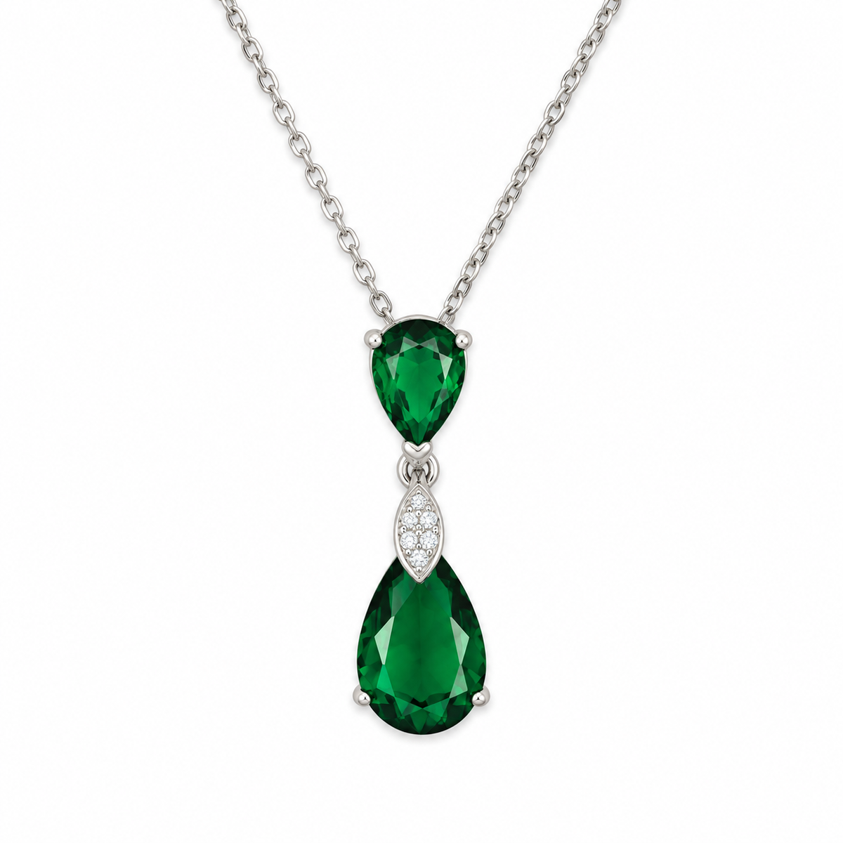 DOUBLE EMERALD DROP — ΚΟΛΙΕ ΑΣΗΜΙ 925 ΜΕ ΠΡΑΣΙΝΑ ΚΡΥΣΤΑΛΛΑ ΣΧΗΜΑ ΔΑΚΡΥ