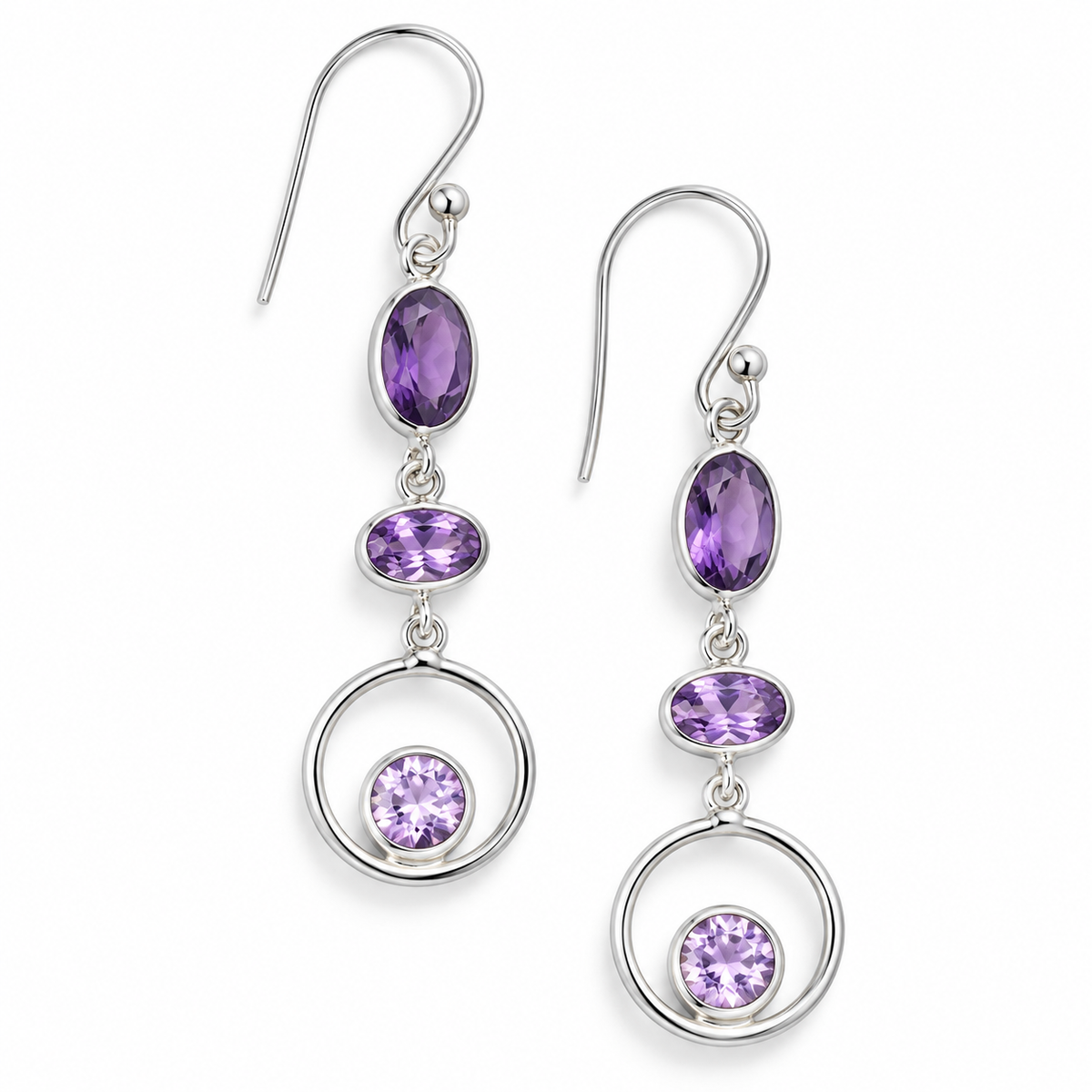 AMETHYST ORBIT CASCADE — ΣΚΟΥΛΑΡΙΚΙΑ ΚΡΕΜΑΣΤΑ ΑΣΗΜΙ 925 ΜΕ ΑΜΕΘΥΣΤΟΥΣ ΚΑΙ ΚΥΚΛΟ