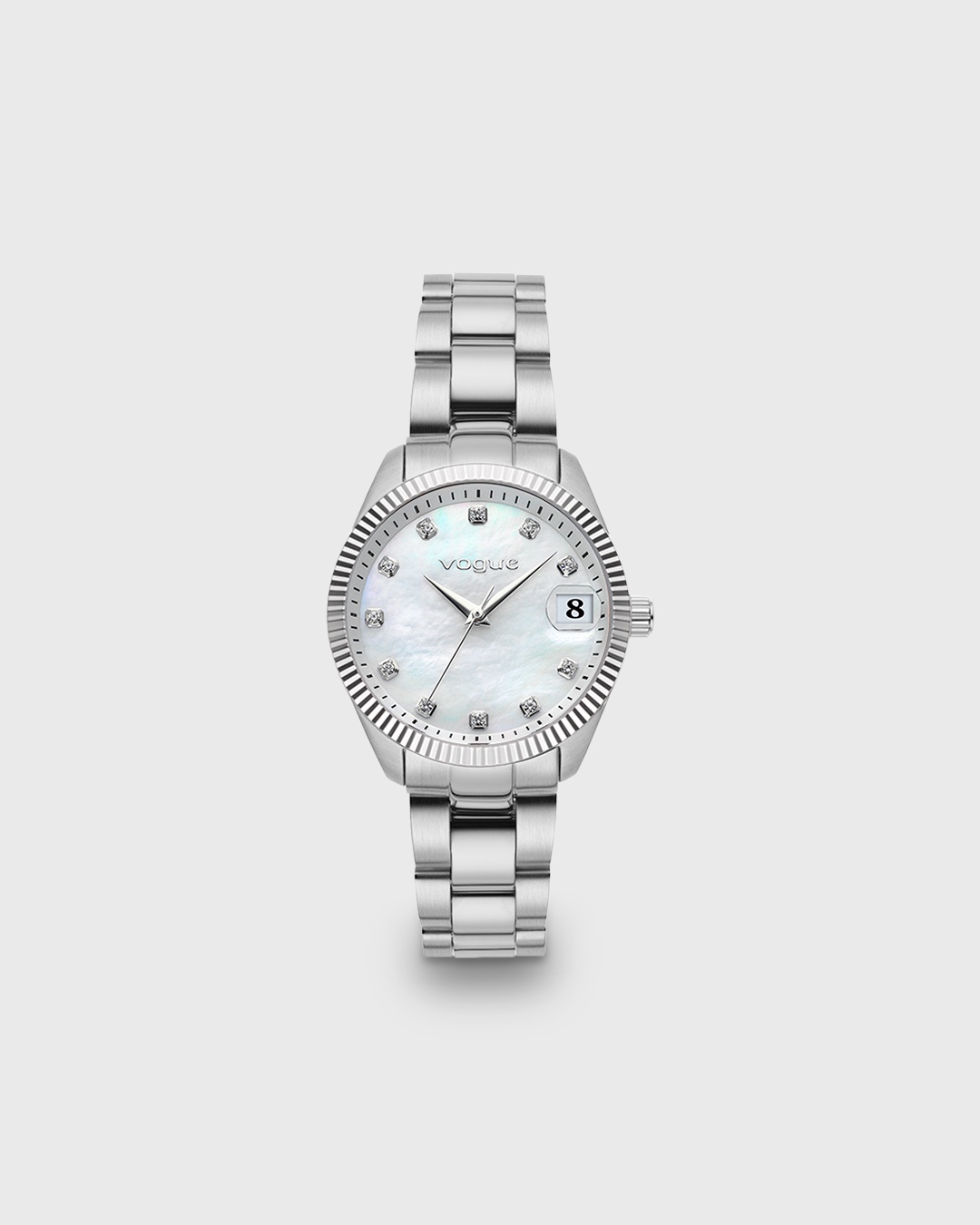 VOGUE REINA MINI — ΓΥΝΑΙΚΕΙΟ ΡΟΛΟΙ QUARTZ ΜΕ ΛΕΥΚΟ ΦΙΛΝΤΙΣΙ ΚΑΙ ΑΣΗΜΙ ΜΠΡΑΣΕΛΕ