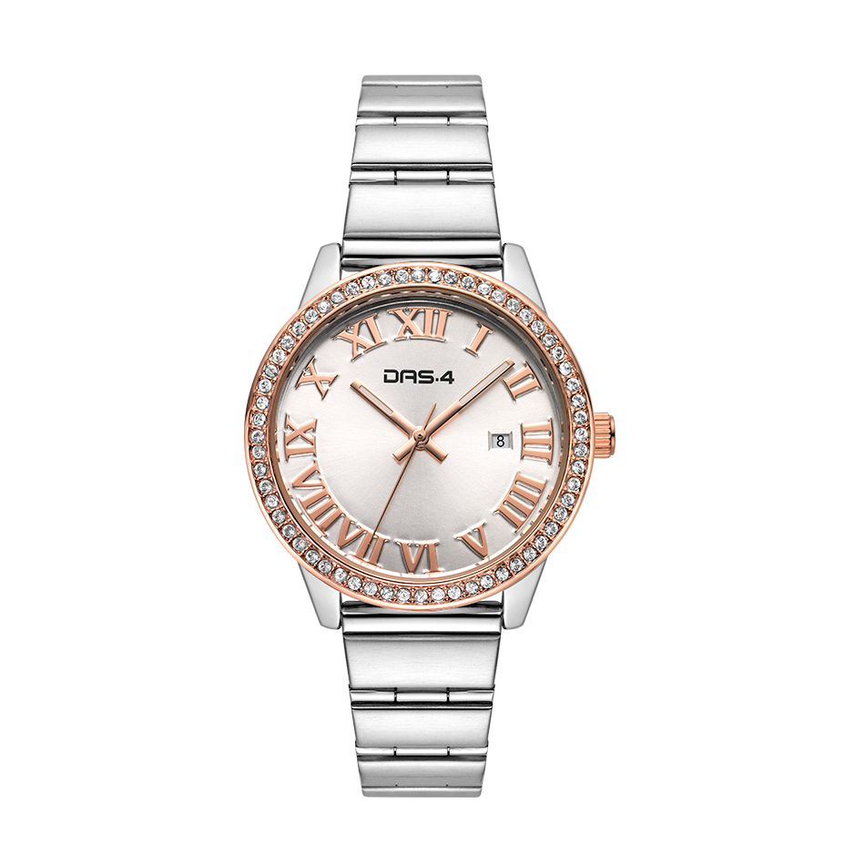 Rose Royale — Γυναικείο Ρολόι DAS.4 Ασημί με Rose Gold Στρας Bezel & Ρωμαϊκούς Αριθμούς