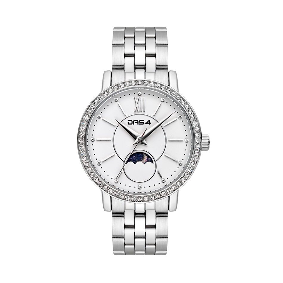 Moonlight Silver — Γυναικείο Ρολόι DAS.4 Ασημί με Moonphase, Λευκό Καντράν & Στρας Bezel