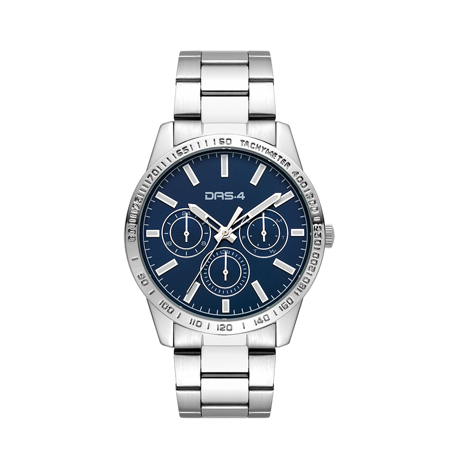 A stainless steel watch with a blue dial, silver case, and a silver strap. The watch has a analog-digital display and multiple subdials.