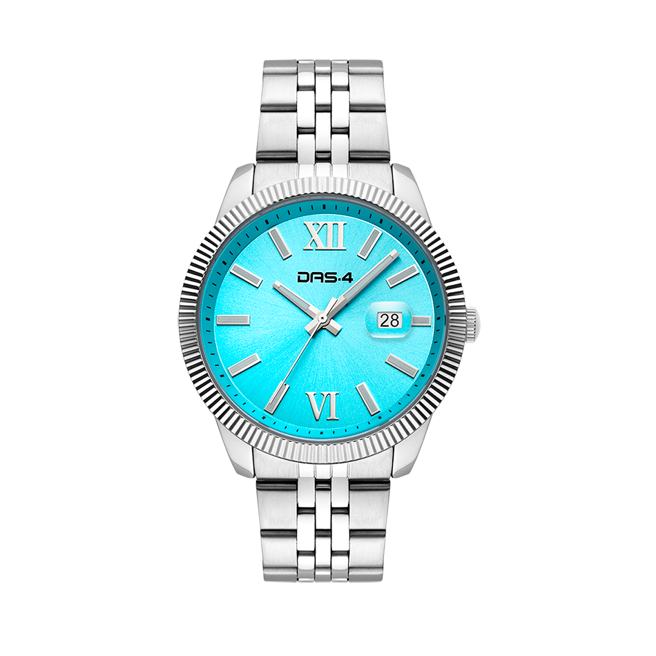 A stainless steel watch with a turquoise dial, featuring a silver strap and case.
