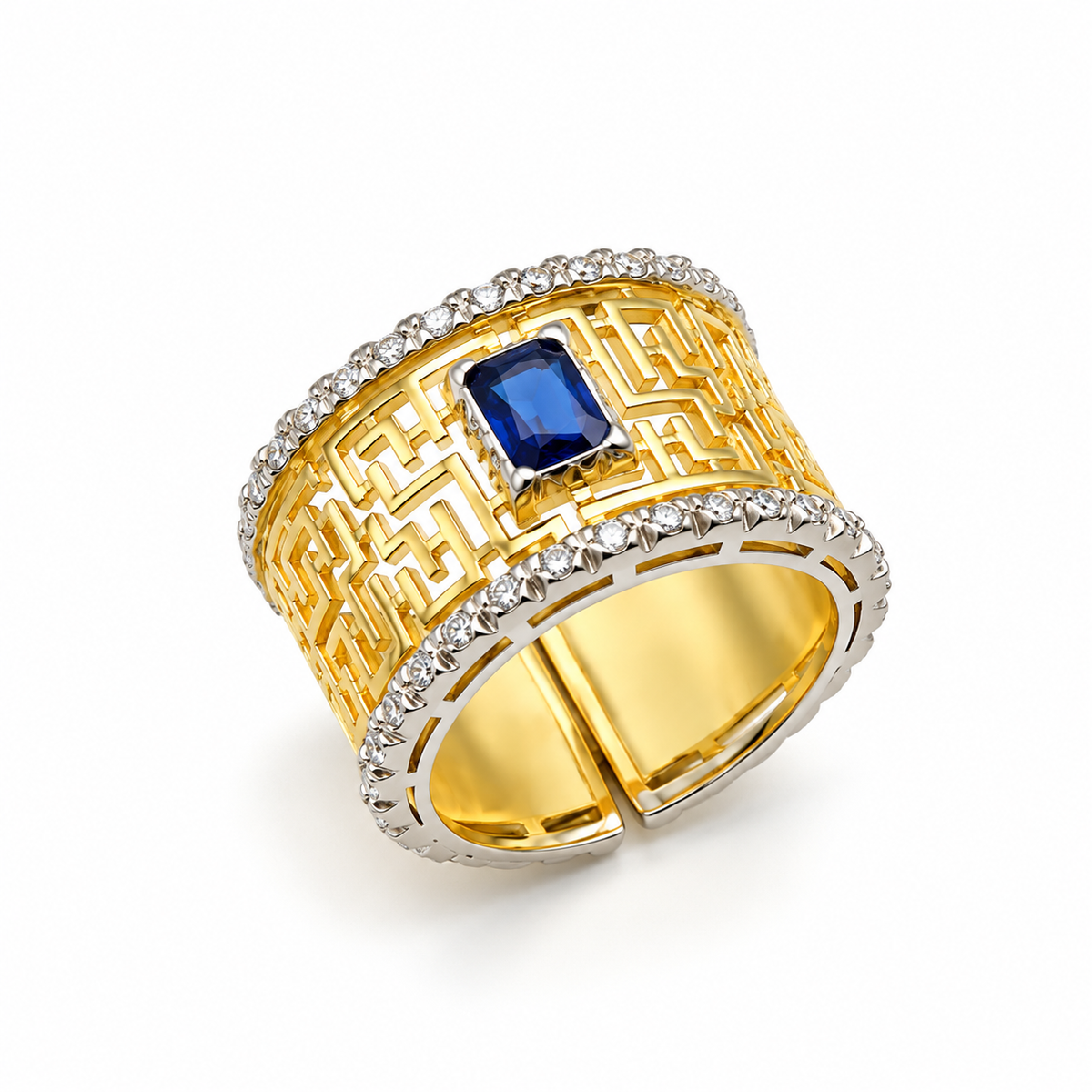 GREEK KEY SAPPHIRE BAND — ΔΑΧΤΥΛΙΔΙ ΑΣΗΜΙ 925 ΔΙΧΡΩΜΟ ΜΕ ΜΠΛΕ ΚΡΥΣΤΑΛΛΟ ΚΑΙ ΖΙΡΚΟΝΙΑ