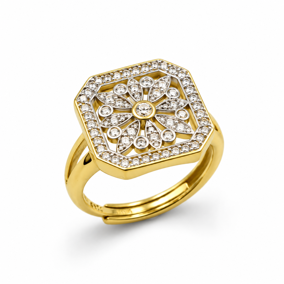 OCTAGON VINTAGE HALO — ΔΑΧΤΥΛΙΔΙ ΑΣΗΜΙ 925 ΕΠΙΧΡΥΣΩΜΕΝΟ ΟΚΤΑΓΩΝΟ ΜΕ ΖΙΡΚΟΝΙΑ ΡΥΘΜΙΖΟΜΕΝΟ