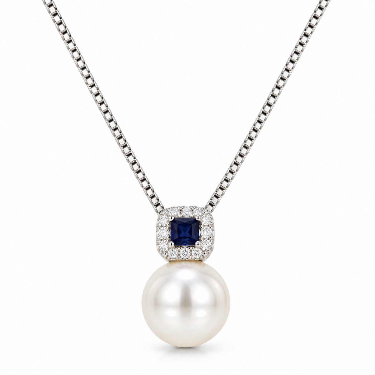 SAPPHIRE PEARL HALO DROP — ΚΟΛΙΕ ΑΣΗΜΙ 925 ΜΕ ΜΑΡΓΑΡΙΤΑΡΙ ΚΑΙ ΜΠΛΕ ΖΙΡΚΟΝΙΑ HALO