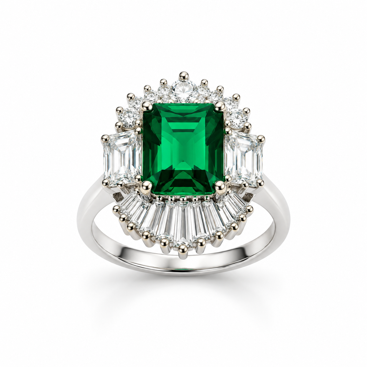 EMERALD STARBURST HALO — ΔΑΧΤΥΛΙΔΙ ΑΣΗΜΙ 925 ΜΕ ΠΡΑΣΙΝΟ ΖΙΡΚΟΝΙΑ ΚΑΙ BAGUETTE HALO
