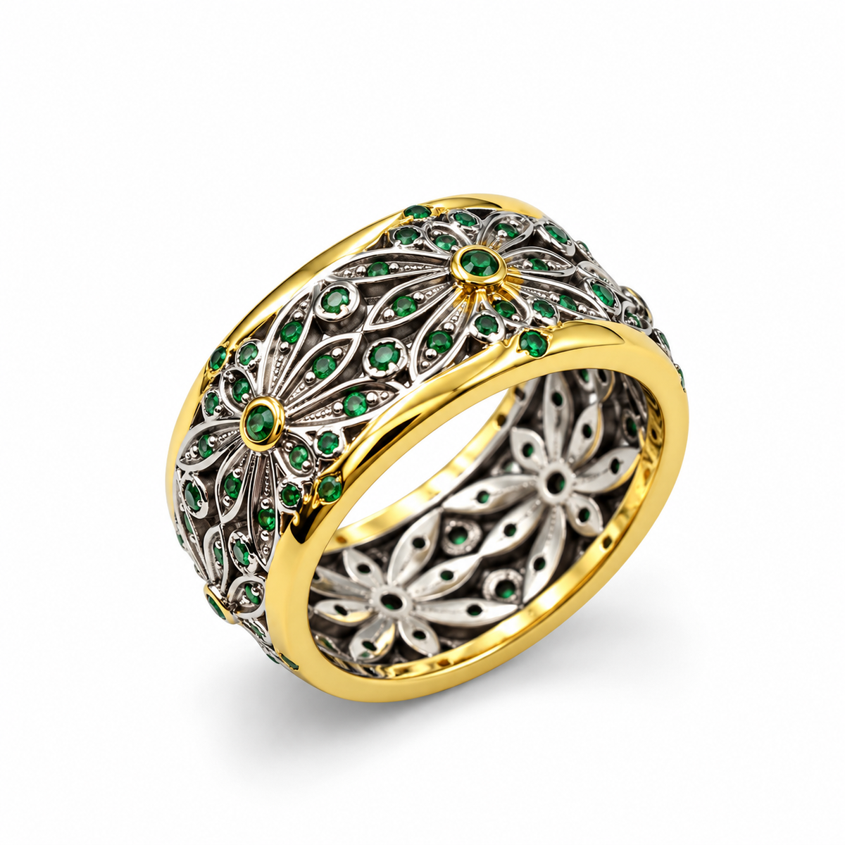 EMERALD FLORAL ETERNITY — ΔΑΧΤΥΛΙΔΙ ΑΣΗΜΙ 925 ΔΙΧΡΩΜΟ ΑΝΘΟΣΧΗΜΟ ΜΕ ΠΡΑΣΙΝΑ ΖΙΡΚΟΝΙΑ