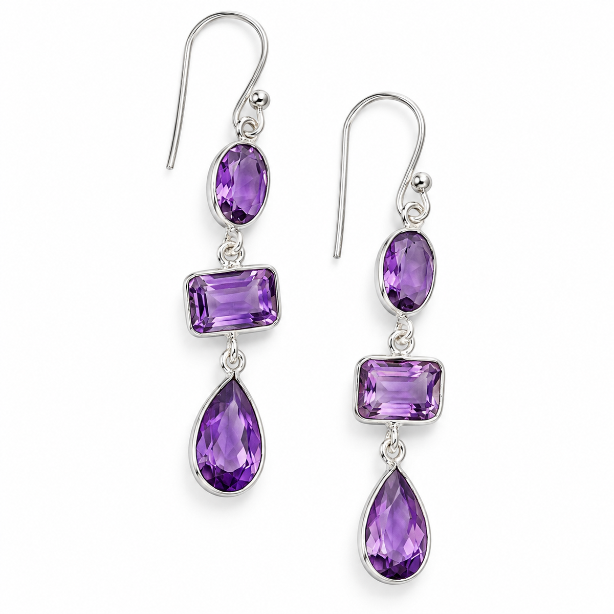 TRIPLE AMETHYST CASCADE — ΣΚΟΥΛΑΡΙΚΙΑ ΚΡΕΜΑΣΤΑ ΑΣΗΜΙ 925 ΜΕ ΤΡΙΑ ΑΜΕΘΥΣΤΑ ΜΕΙΚΤΩΝ ΚΟΠΩΝ
