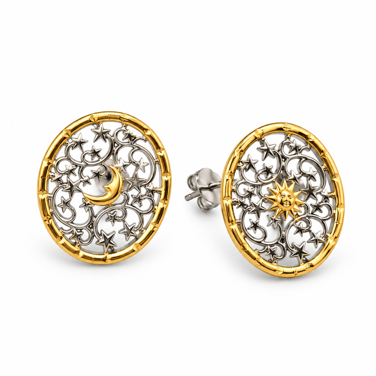 CELESTIAL MEDALLION STUD — ΣΚΟΥΛΑΡΙΚΙΑ ΚΑΡΦΩΤΑ ΑΣΗΜΙ 925 ΔΙΧΡΩΜΟ ΗΛΙΟΣ ΚΑΙ ΦΕΓΓΑΡΙ