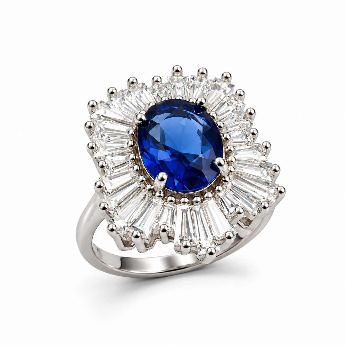 SAPPHIRE OVAL SUNBURST — ΔΑΧΤΥΛΙΔΙ ΑΣΗΜΙ 925 ΜΕ ΟΒΑΛ ΜΠΛΕ ΖΙΡΚΟΝΙΑ ΚΑΙ BAGUETTE HALO