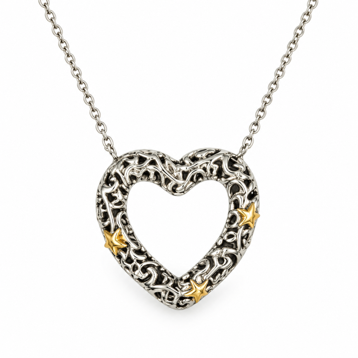 FILIGREE HEART STARS — ΚΟΛΙΕ ΑΣΗΜΙ 925 ΔΙΧΡΩΜΟ ΚΑΡΔΙΑ ΦΙΛΙΓΚΡΑΝ ΜΕ ΑΣΤΕΡΙΑ