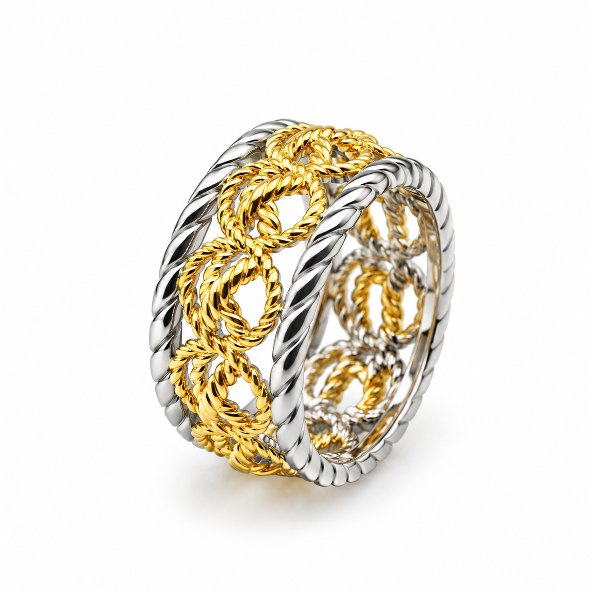 NAUTICAL ROPE LINKS — ΔΑΧΤΥΛΙΔΙ ΑΣΗΜΙ 925 ΔΙΧΡΩΜΟ ΣΧΟΙΝΙ ΜΕ ΚΡΙΚΟΥΣ