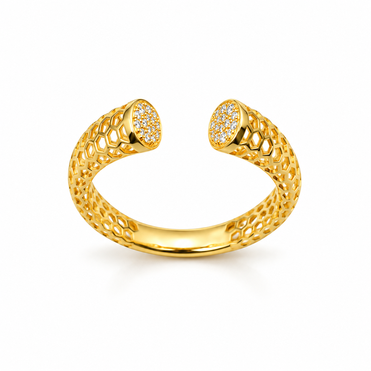 HONEYCOMB OPEN RING — ΔΑΧΤΥΛΙΔΙ ΑΣΗΜΙ 925 ΕΠΙΧΡΥΣΩΜΕΝΟ ΚΗΡΗΘΡΑ ΜΕ ΖΙΡΚΟΝΙΑ ΡΥΘΜΙΖΟΜΕΝΟ