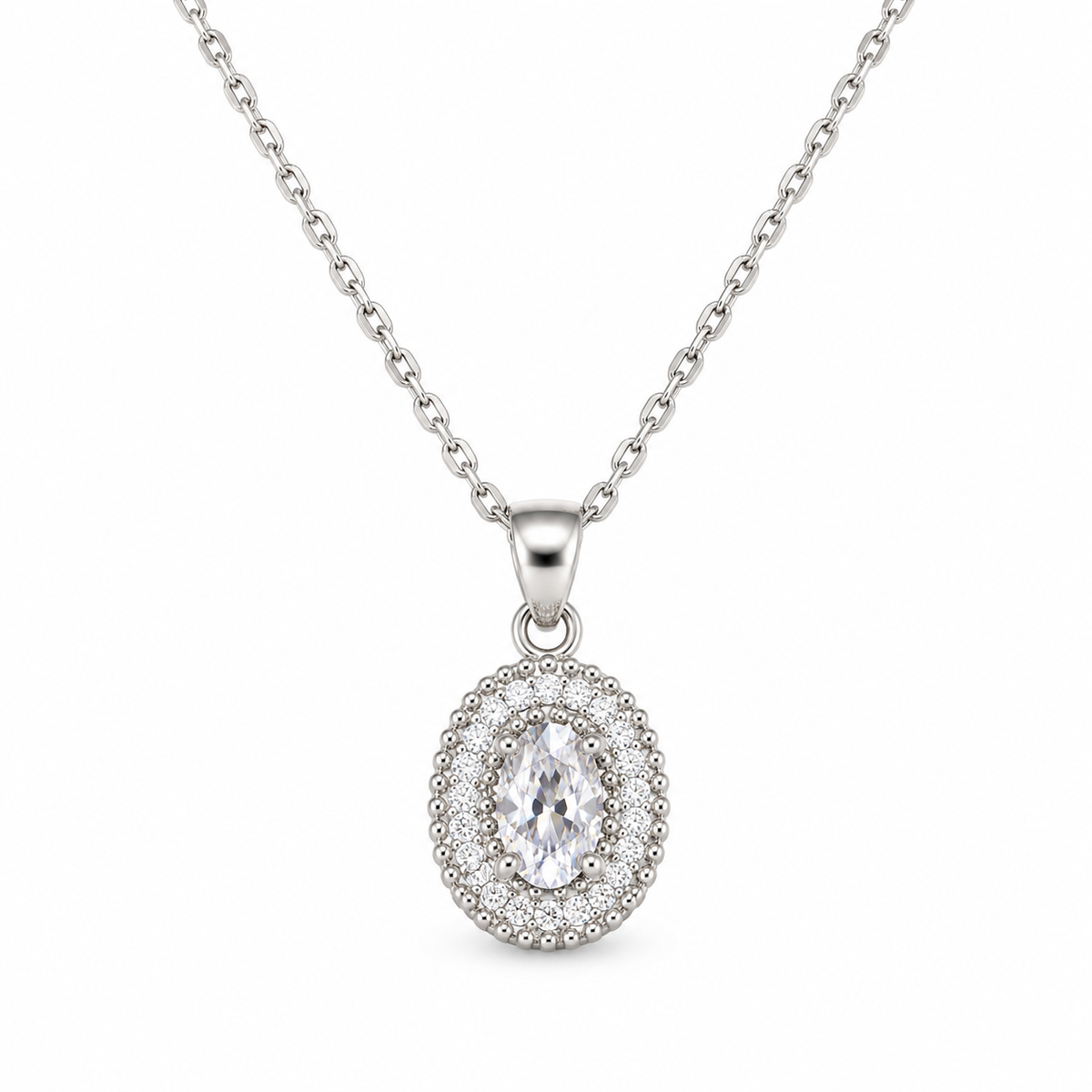 OVAL DOUBLE HALO — ΚΟΛΙΕ ΑΣΗΜΙ 925 ΟΒΑΛ ΜΕ ΔΙΠΛΟ ΖΙΡΚΟΝΙΑ HALO