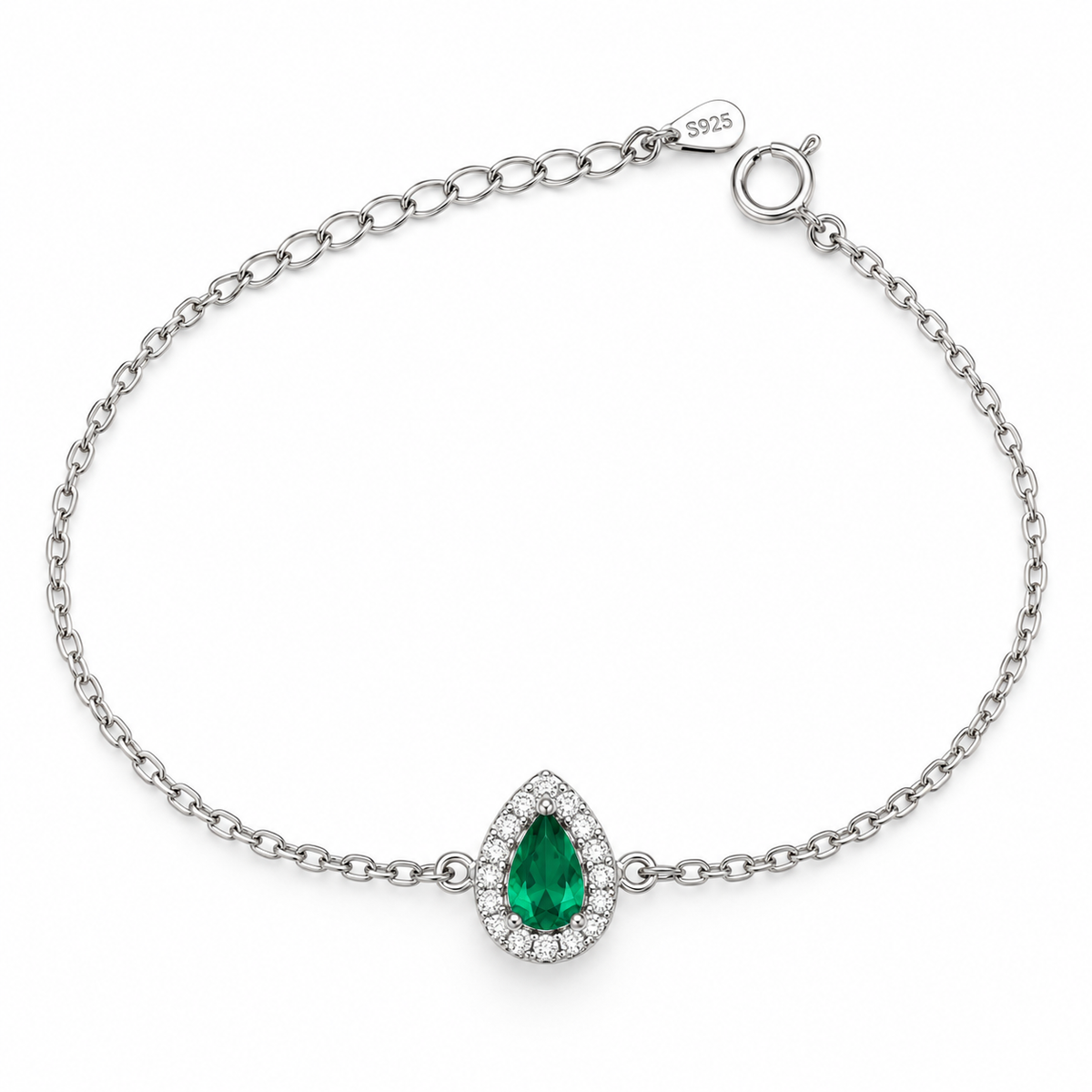EMERALD TEARDROP HALO BRACELET — ΒΡΑΧΙΟΛΙ ΑΣΗΜΙ 925 ΜΕ ΠΡΑΣΙΝΟ ΖΙΡΚΟΝΙΑ HALO