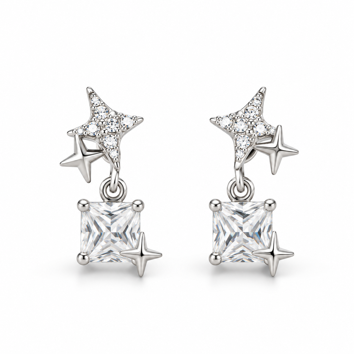 NORTH STAR SPARKLE — ΣΚΟΥΛΑΡΙΚΙΑ ΚΡΕΜΑΣΤΑ ΑΣΗΜΙ 925 ΑΣΤΕΡΙ ΜΕ ΤΕΤΡΑΓΩΝΟ ΖΙΡΚΟΝΙΑ