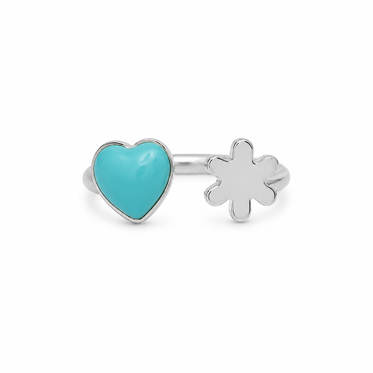 TURQUOISE BLOOM — ΔΑΧΤΥΛΙΔΙ ΑΣΗΜΙ 925 ΑΝΟΙΧΤΟ ΚΑΡΔΙΑ ΤΥΡΚΟΥΑΖ ΛΟΥΛΟΥΔΙ