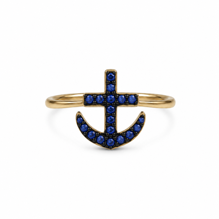 ANCHOR BLUE — ΔΑΧΤΥΛΙΔΙ ΑΣΗΜΙ 925 ΕΠΙΧΡΥΣΟ ΑΓΚΥΡΑ ΜΠΛΕ ΖΙΡΓΚΟΝ