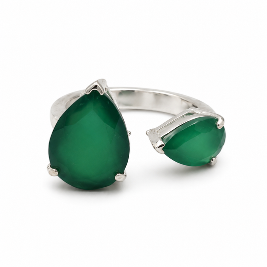 DOUBLE GREEN — ΔΑΧΤΥΛΙΔΙ ΑΣΗΜΙ 925 ΑΝΟΙΧΤΟ ΔΙΠΛΟΣ ΠΡΑΣΙΝΟΣ ΑΧΑΤΗΣ