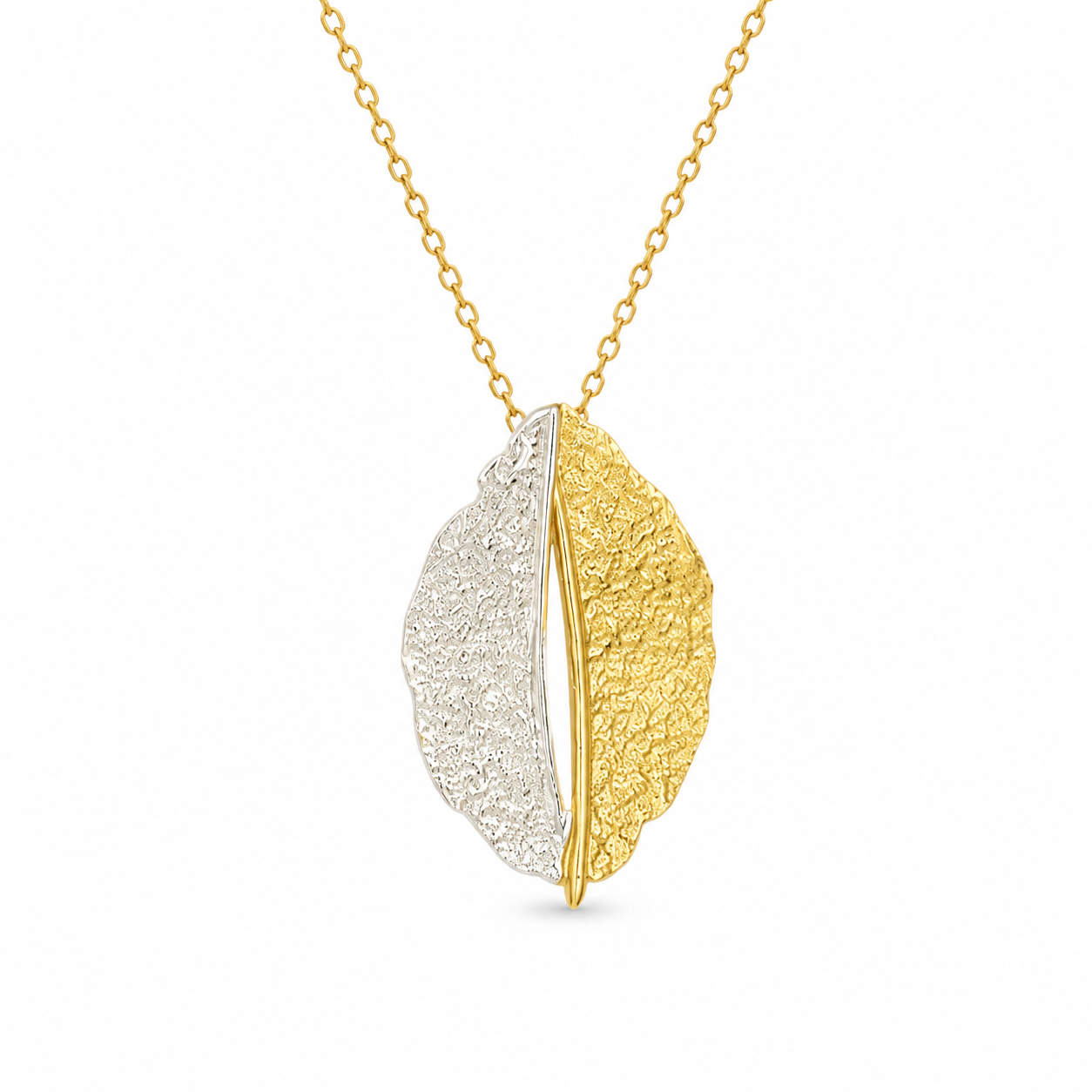 TWIN LEAF — ΚΟΛΙΕ ΑΣΗΜΙ 925 ΔΙΧΡΩΜΟ ΦΥΛΛΟ ΜΕ ΚΕΝΤΡΙΚΗ ΝΕΥΡΩΣΗ