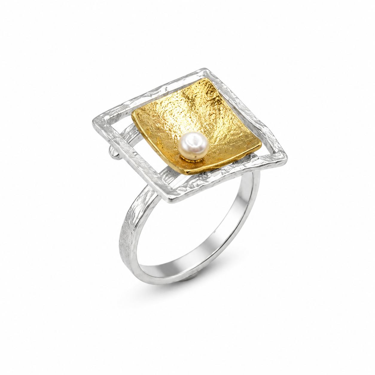 GOLDEN CANVAS — ΔΑΧΤΥΛΙΔΙ ΑΣΗΜΙ 925 ΔΙΧΡΩΜΟ ΤΕΤΡΑΓΩΝΟ ΠΛΑΙΣΙΟ ΜΕ ΜΑΡΓΑΡΙΤΑΡΙ