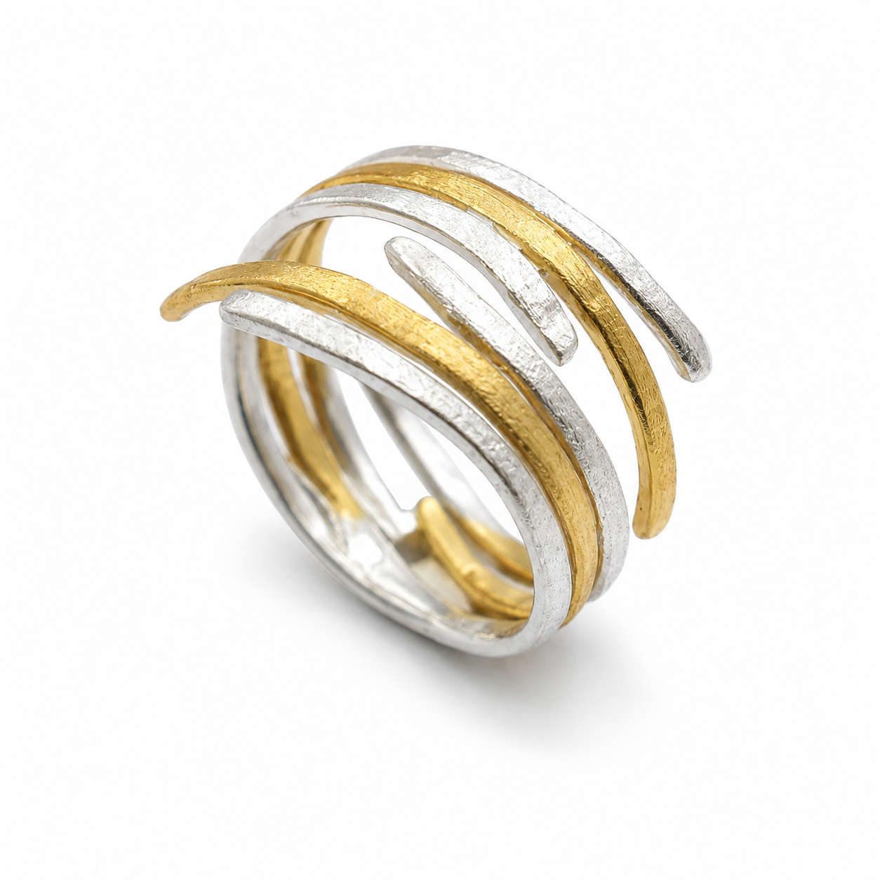 WRAPPED STRANDS — ΔΑΧΤΥΛΙΔΙ ΑΣΗΜΙ 925 ΔΙΧΡΩΜΟ ΠΟΛΛΑΠΛΕΣ ΤΥΛΙΓΜΕΝΕΣ ΓΡΑΜΜΕΣ