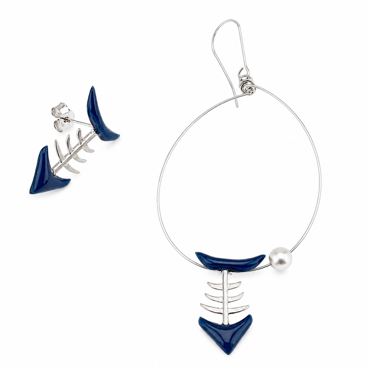 BLUE FISH — ΑΣΥΜΜΕΤΡΑ ΣΚΟΥΛΑΡΙΚΙΑ ΑΣΗΜΙ 925 ΜΕ ΣΜΑΛΤΟ & ΜΑΡΓΑΡΙΤΑΡΙ