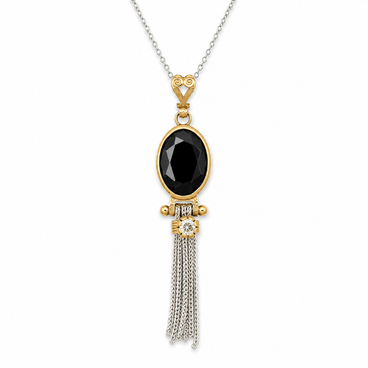 DARK TASSEL — ΜΕΝΤΑΓΙΟΝ ΑΣΗΜΙ 925 ΜΕ ΕΠΙΧΡΥΣΩΣΗ 18Κ, ΦΥΣΙΚΟ ΑΧΑΤΗ & ΖΙΡΓΚΟΝ