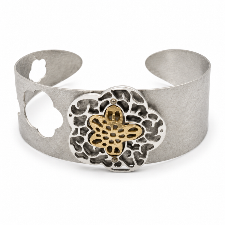 MANDALA — ΒΡΑΧΙΟΛΙ ΑΣΗΜΙ 925 ΔΙΧΡΩΜΟ CUFF ΦΑΡΔΥ ΔΙΑΤΡΗΤΟ FLORAL