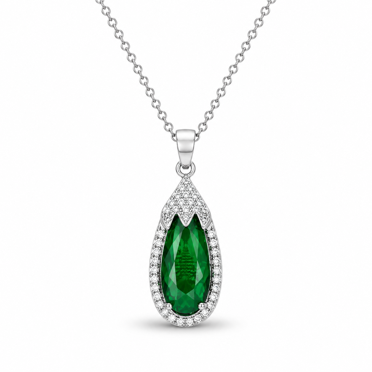 EMERALD DROP — ΚΟΛΙΕ ΑΣΗΜΙ 925 PENDANT ΣΤΑΓΟΝΑ ΠΡΑΣΙΝΟ ΚΡΥΣΤΑΛΛΟ ΖΙΡΓΚΟΝ HALO